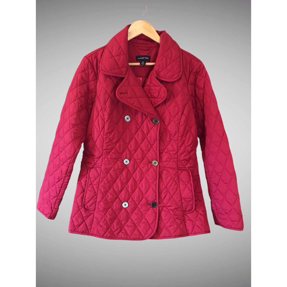 Lands End Women's Sz M 10-12 Red Quilted Puffer Full Zip Christmas Jacket Coat
